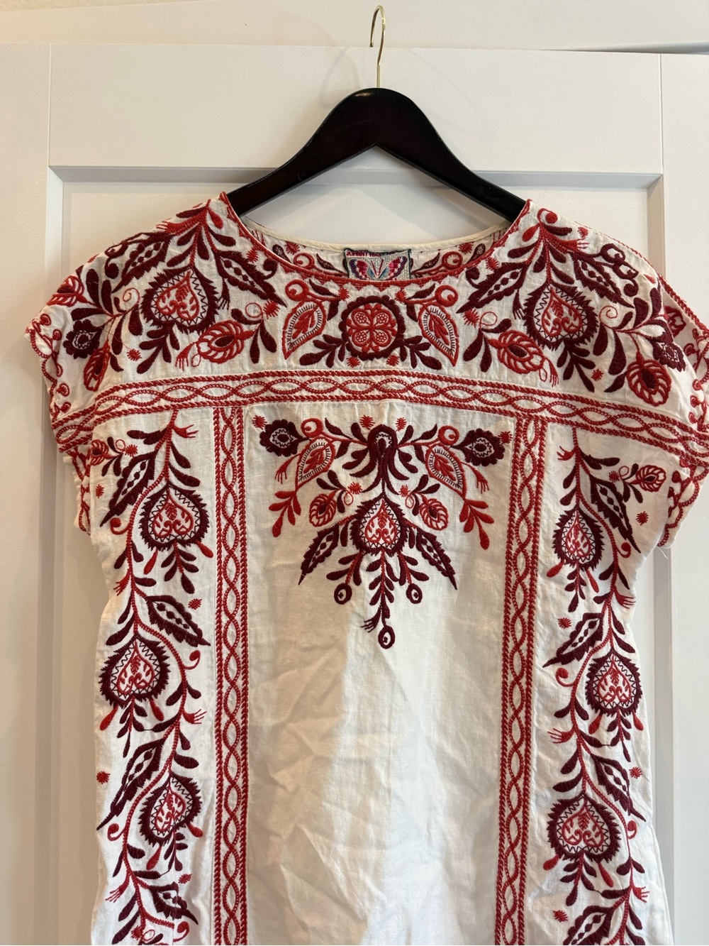 Johnny Was White Shift Dress with Red Embroidery